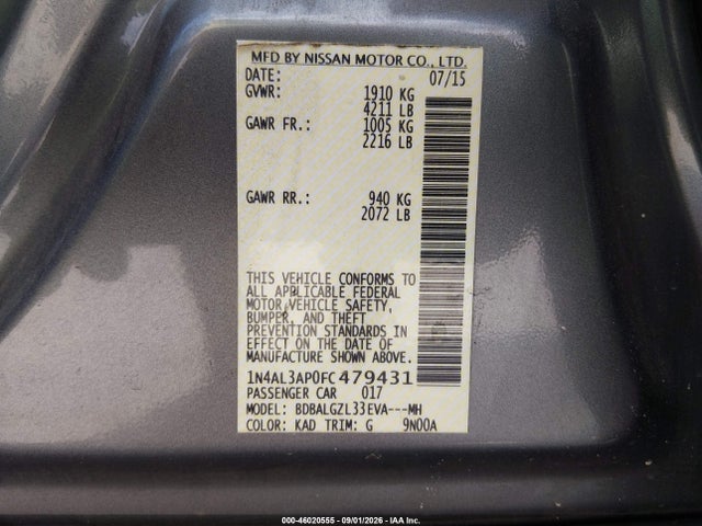 46020555 :رقم المزاد ، 1N4AL3AP0FC479431 vin ، 2015 Nissan Altima 2.5 S مزاد بيع