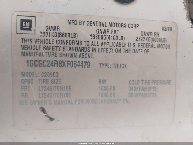 Продажа на аукционе авто 1999 Chevrolet C/k 2500, vin: 1GCGC24R8XF064479, номер лота: 46020559