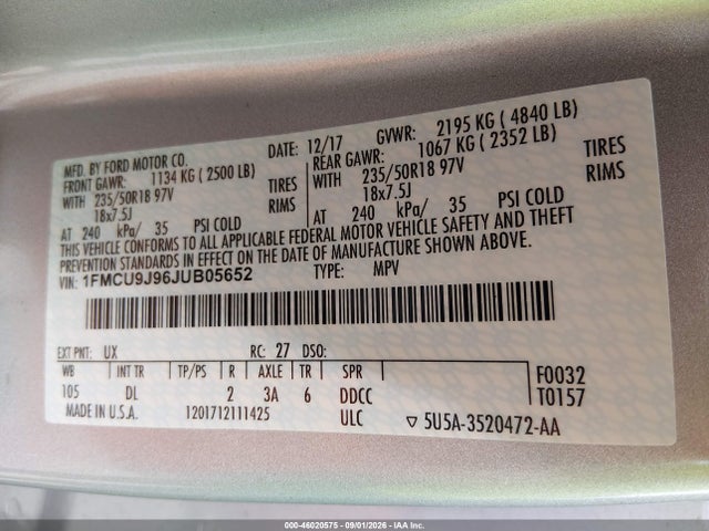 Aukcja sprzedaży 2018 Ford Escape Titanium, vin: 1FMCU9J96JUB05652, numer aukcji: 46020575