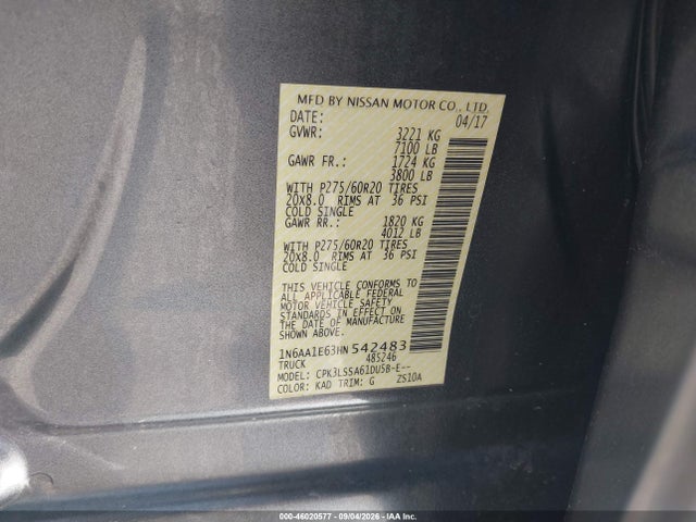 Aukcja sprzedaży 2017 Nissan Titan Sv, vin: 1N6AA1E63HN542483, numer aukcji: 46020577