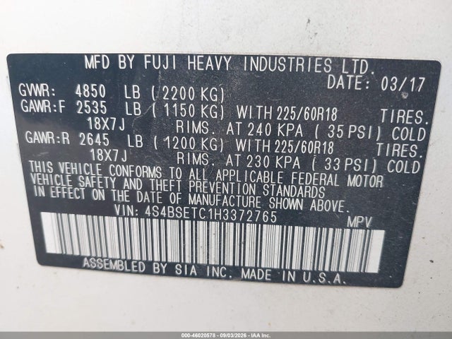 46020578 :رقم المزاد ، 4S4BSETC1H3372765 vin ، 2017 Subaru Outback 3.6r Touring مزاد بيع