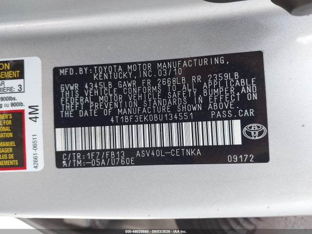 2011 Toyota Camry Le მანქანა იყიდება აუქციონზე, vin: 4T1BF3EK0BU134551, აუქციონის ნომერი: 46020588