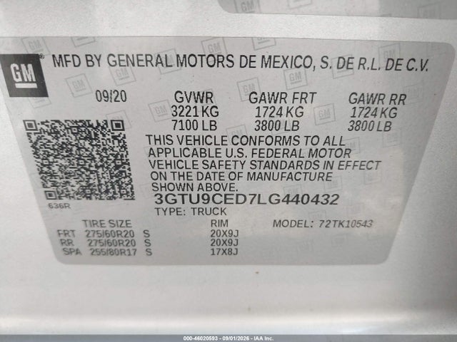 Aukcja sprzedaży 2020 Gmc Sierra 1500 4wd  Short Box Elevation, vin: 3GTU9CED7LG440432, numer aukcji: 46020593