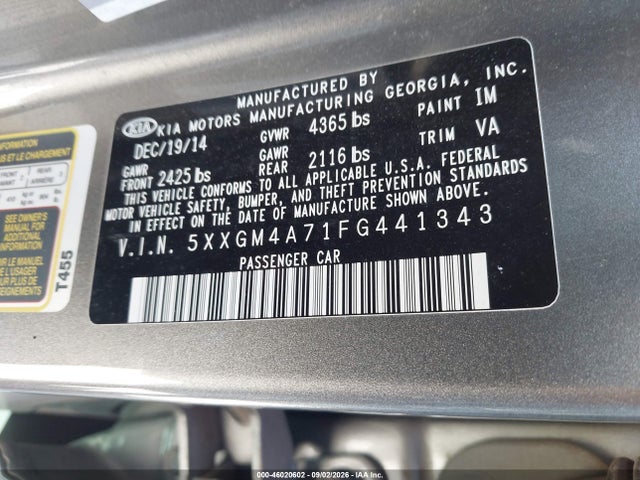 2015 Kia Optima Lx მანქანა იყიდება აუქციონზე, vin: 5XXGM4A71FG441343, აუქციონის ნომერი: 46020602