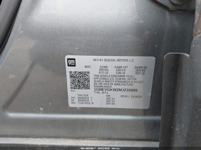 2021 Chevrolet Traverse Awd Lt Cloth მანქანა იყიდება აუქციონზე, vin: 1GNEVGKW2MJ235699, აუქციონის ნომერი: 46020617