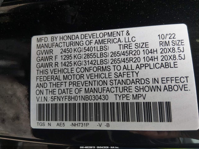 46020619 :رقم المزاد ، 5FNYF8H01NB030430 vin ، 2022 Honda Passport Awd Elite مزاد بيع