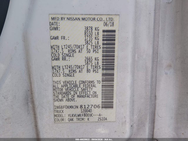 Продаж на аукціоні авто 2018 Nissan Nv Cargo Nv1500 S V6, vin: 1N6BF0KMXJN812706, номер лоту: 46020622