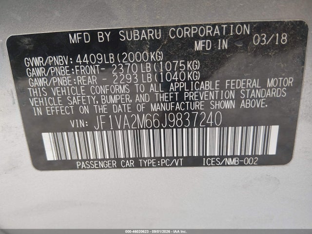 Продаж на аукціоні авто 2018 Subaru Wrx Sti, vin: JF1VA2M66J9837240, номер лоту: 46020623