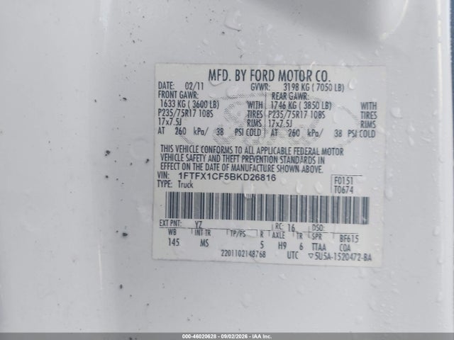 Продажа на аукционе авто 2011 Ford F-150 Xlt, vin: 1FTFX1CF5BKD26816, номер лота: 46020628