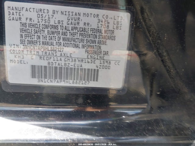 Продажа на аукционе авто 2017 Nissan Versa 1.6 Sv, vin: 3N1CN7AP9HL882127, номер лота: 46020636