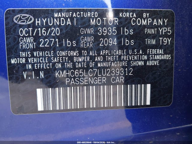 Продажа на аукционе авто 2020 Hyundai Ioniq Hybrid Blue, vin: KMHC65LC7LU239312, номер лота: 46020646