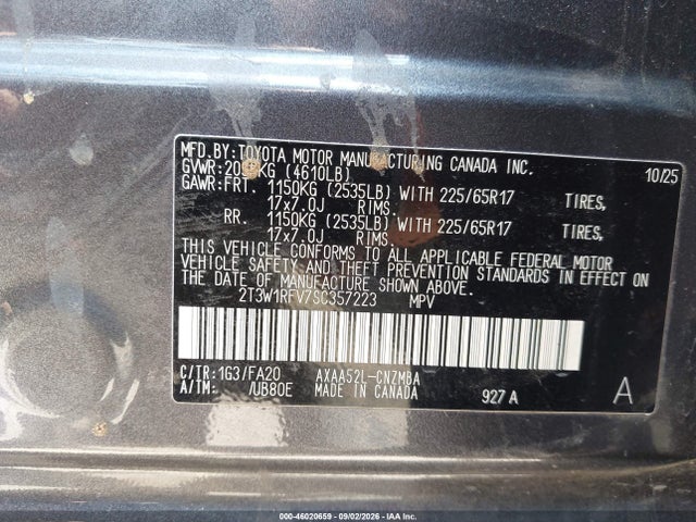 46020659 :رقم المزاد ، 2T3W1RFV7SC357223 vin ، 2025 Toyota Rav4 Xle مزاد بيع