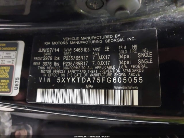 Aukcja sprzedaży 2015 Kia Sorento Lx V6, vin: 5XYKTDA75FG605055, numer aukcji: 46020667
