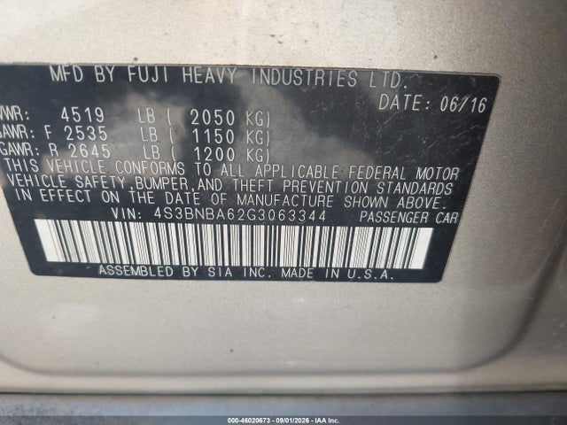 Aukcja sprzedaży 2016 Subaru Legacy 2.5i, vin: 4S3BNBA62G3063344, numer aukcji: 46020673