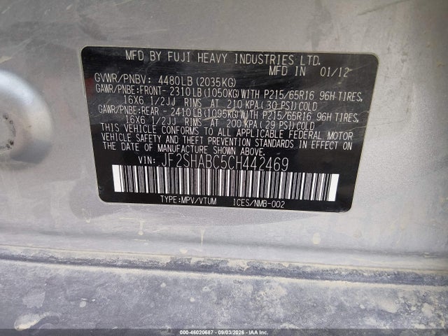 Aukcja sprzedaży 2012 Subaru Forester 2.5x, vin: JF2SHABC5CH442469, numer aukcji: 46020687