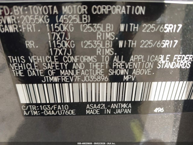 2015 Toyota Rav4 Xle მანქანა იყიდება აუქციონზე, vin: JTMWFREV7FJ035896, აუქციონის ნომერი: 46020689