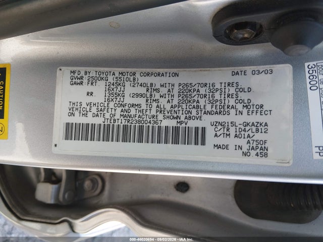 Aukcja sprzedaży 2003 Toyota 4runner Limited V8, vin: JTEBT17R238004367, numer aukcji: 46020694