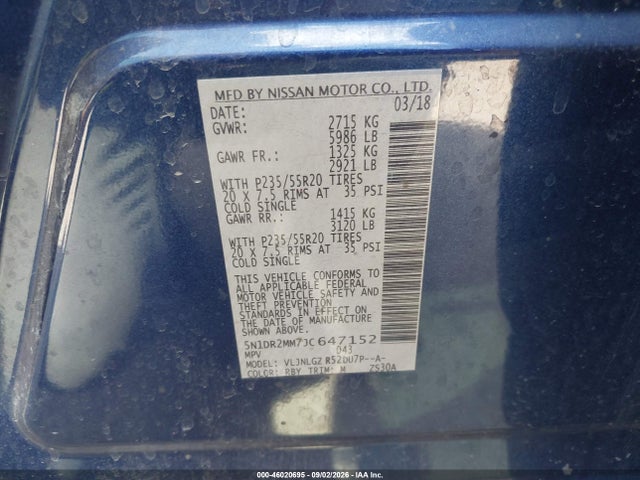 2018 Nissan Pathfinder Sl მანქანა იყიდება აუქციონზე, vin: 5N1DR2MM7JC647152, აუქციონის ნომერი: 46020695