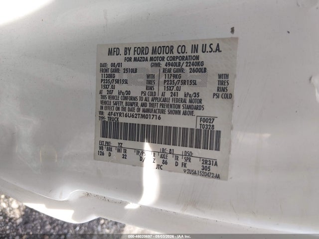 Aukcja sprzedaży 2002 Mazda B3000 Ds, vin: 4F4YR16U62TM01716, numer aukcji: 46020697