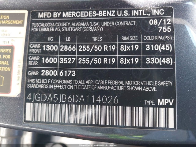 Продаж на аукціоні авто 2013 Mercedes-benz Ml 350, vin: 4JGDA5JB6DA114026, номер лоту: 46020722