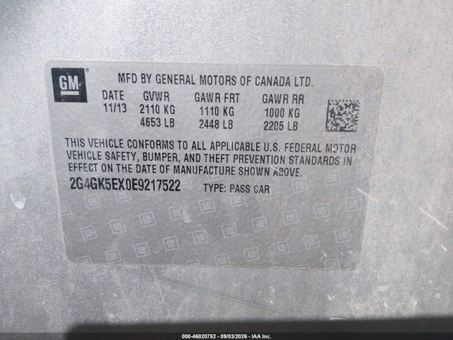 2014 Buick Regal Turbo მანქანა იყიდება აუქციონზე, vin: 2G4GK5EX0E9217522, აუქციონის ნომერი: 46020752