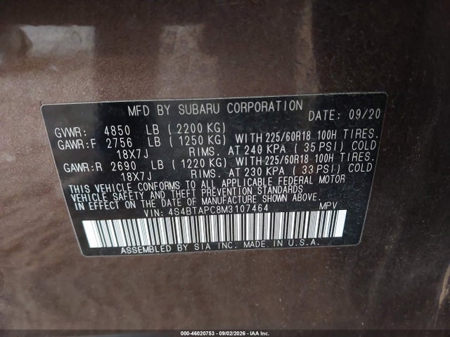 Aukcja sprzedaży 2021 Subaru Outback Touring, vin: 4S4BTAPC8M3107464, numer aukcji: 46020753