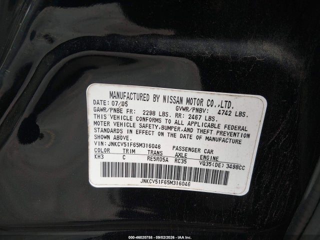Продаж на аукціоні авто 2005 Infiniti G35x, vin: JNKCV51F65M316046, номер лоту: 46020758