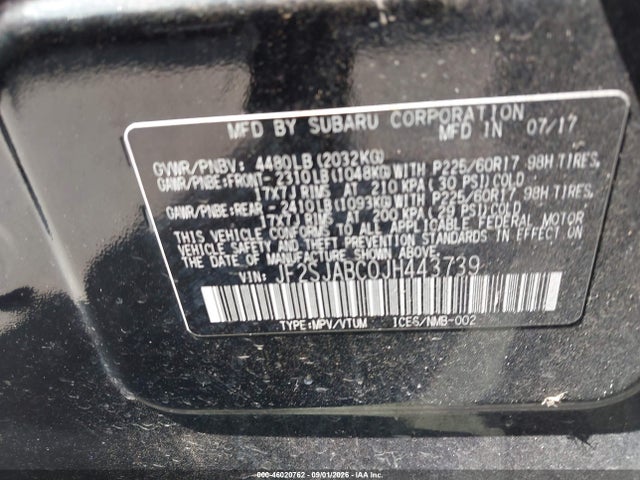 2018 Subaru Forester 2.5i მანქანა იყიდება აუქციონზე, vin: JF2SJABC0JH443739, აუქციონის ნომერი: 46020762