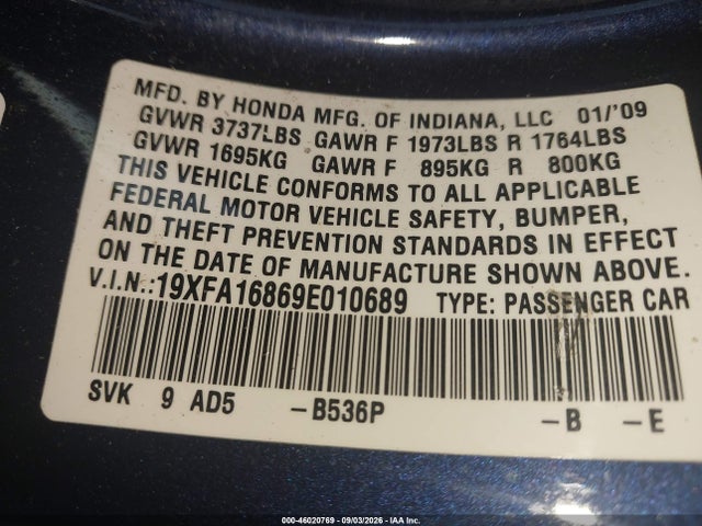 46020769 :رقم المزاد ، 19XFA16869E010689 vin ، 2009 Honda Civic Ex مزاد بيع