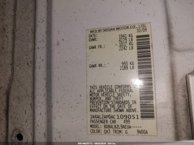 Продаж на аукціоні авто 2010 Nissan Altima 2.5 S, vin: 1N4AL2AP0AC109051, номер лоту: 46020772