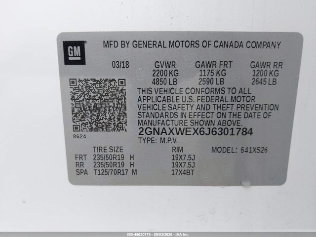 2018 Chevrolet Equinox Premier მანქანა იყიდება აუქციონზე, vin: 2GNAXWEX6J6301784, აუქციონის ნომერი: 46020779