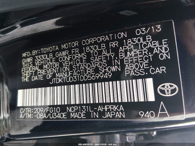 2013 Toyota Yaris Le მანქანა იყიდება აუქციონზე, vin: JTDKTUD31DD569949, აუქციონის ნომერი: 46020787