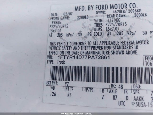 Продаж на аукціоні авто 2007 Ford Ranger Stx/xl/xlt, vin: 1FTYR14D77PA72861, номер лоту: 46020788