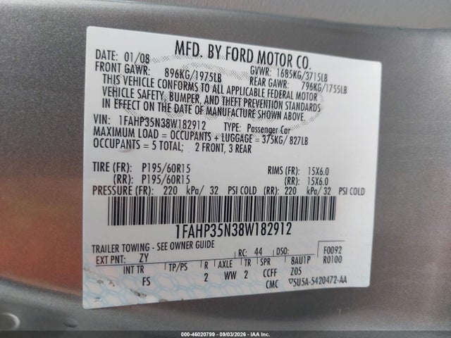 Aukcja sprzedaży 2008 Ford Focus Se, vin: 1FAHP35N38W182912, numer aukcji: 46020799