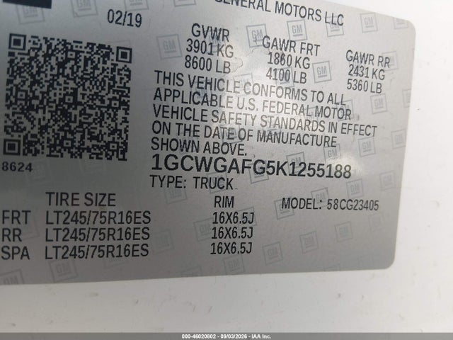 Chevrolet Express 2500 Work Van 2019 1GCWGAFG5K1255188 Image 9