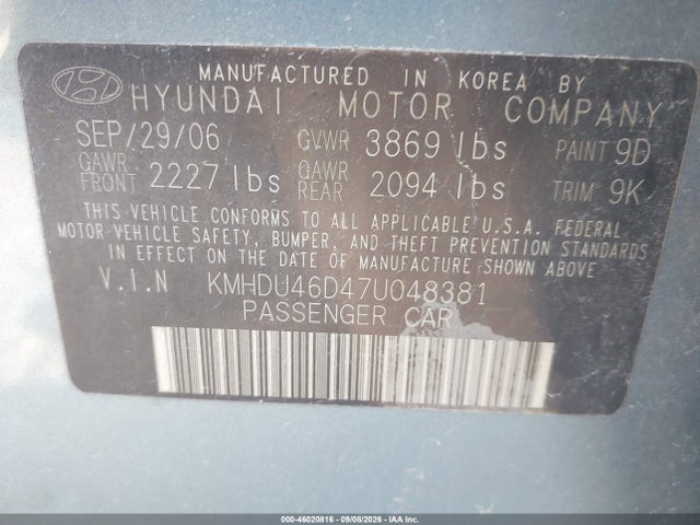 Продаж на аукціоні авто 2007 Hyundai Elantra Gls/se/limited, vin: KMHDU46D47U048381, номер лоту: 46020816