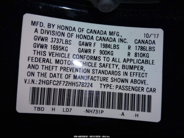 2HGFC2F72HH578224 Honda CIVIC EX