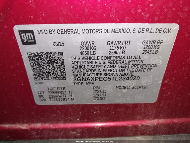 Aukcja sprzedaży 2026 Chevrolet Equinox Awd Lt, vin: 3GNAXPEG5TL234020, numer aukcji: 46020839