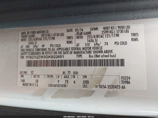 1FBZX2ZM3GKB22651 Ford Transit-350 Xlt