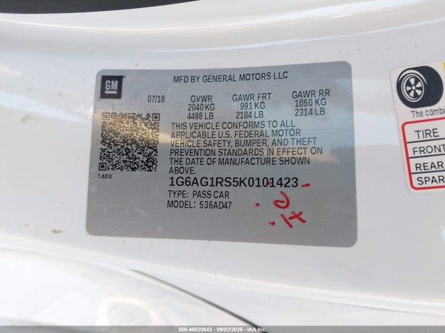 46020843 :رقم المزاد ، 1G6AG1RS5K0101423 vin ، 2019 Cadillac Ats Premium Luxury مزاد بيع