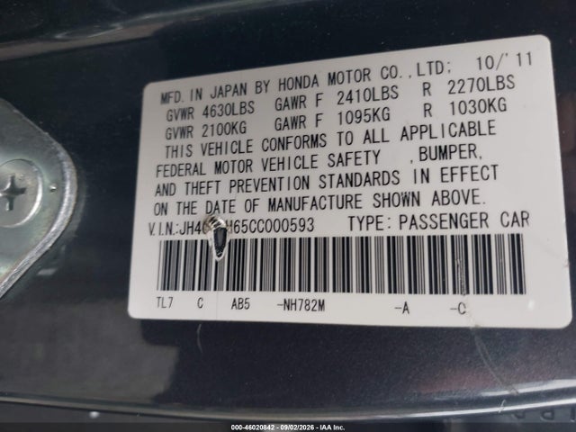 Продаж на аукціоні авто 2012 Acura Tsx 2.4, vin: JH4CW2H65CC000593, номер лоту: 46020842