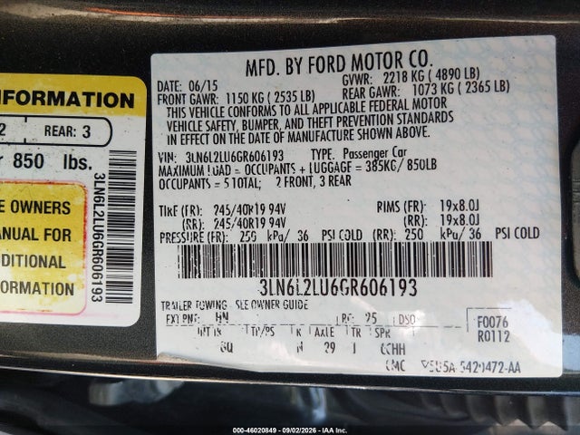 46020849 :رقم المزاد ، 3LN6L2LU6GR606193 vin ، 2016 Lincoln Mkz Hybrid مزاد بيع