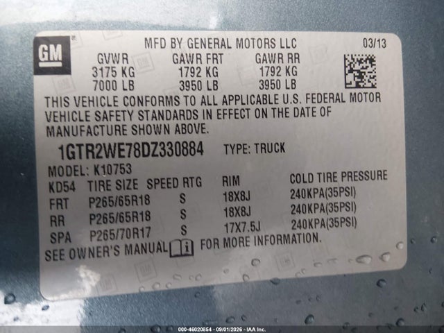 46020854 :رقم المزاد ، 1GTR2WE78DZ330884 vin ، 2013 Gmc Sierra 1500 Slt مزاد بيع