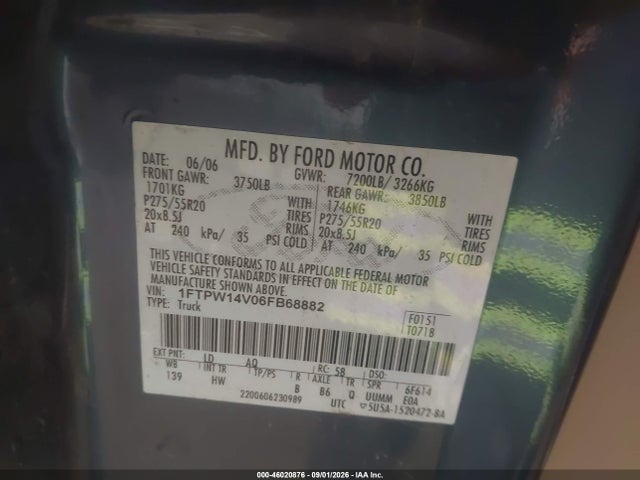 46020876 :رقم المزاد ، 1FTPW14V06FB68882 vin ، 2006 Ford F-150 Fx4/lariat/xlt مزاد بيع