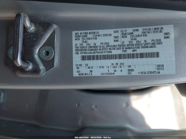 Aukcja sprzedaży 2017 Ford Escape Titanium, vin: 1FMCU9J97HUD17356, numer aukcji: 46020880