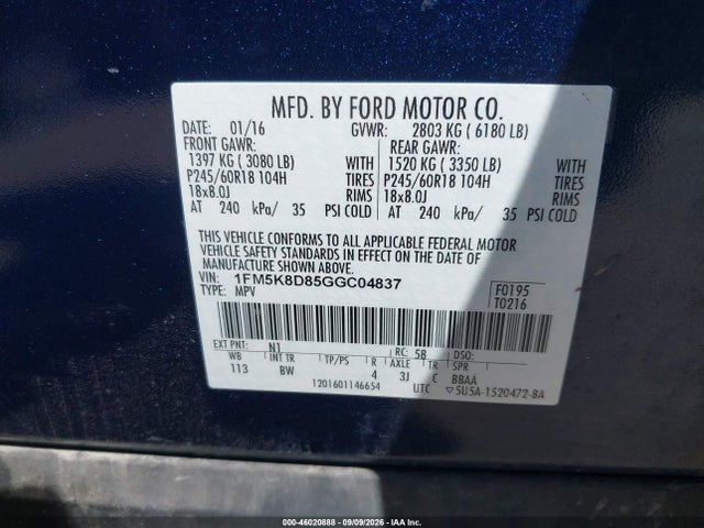 46020888 :رقم المزاد ، 1FM5K8D85GGC04837 vin ، 2016 Ford Explorer Xlt مزاد بيع