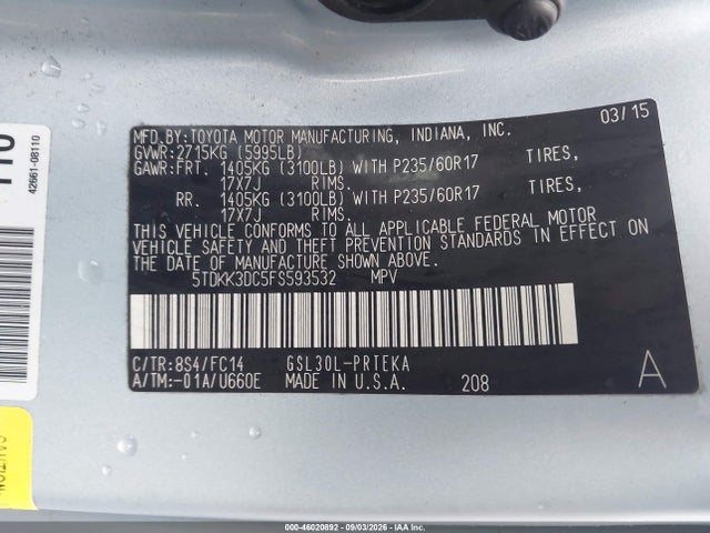 Продажа на аукционе авто 2015 Toyota Sienna Le 8 Passenger, vin: 5TDKK3DC5FS593532, номер лота: 46020892