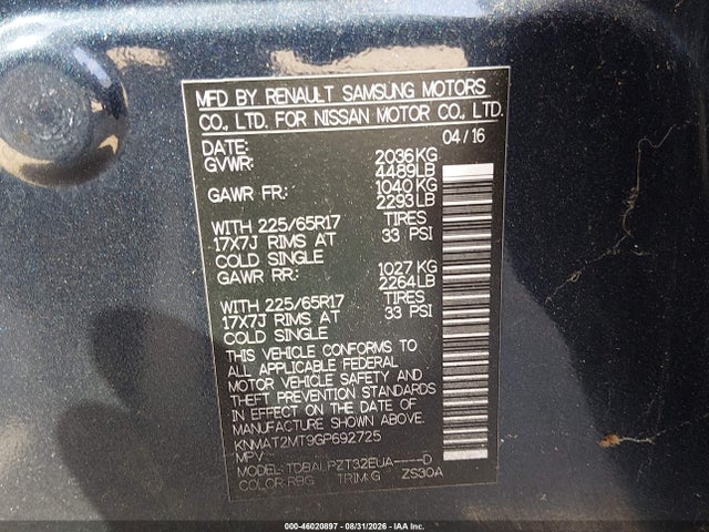 Nissan Rogue S/sl/sv 2016 KNMAT2MT9GP692725 Image 9