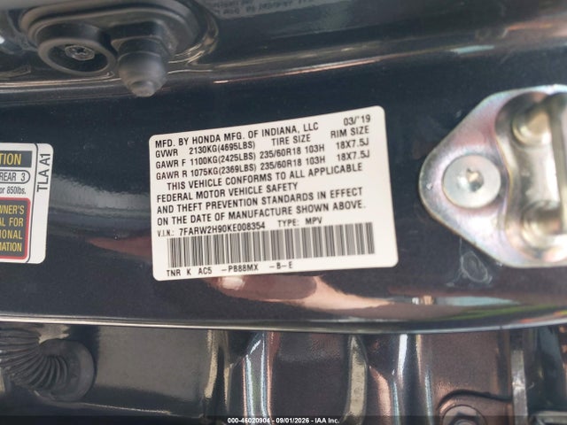 Aukcja sprzedaży 2019 Honda Cr-v Touring, vin: 7FARW2H90KE008354, numer aukcji: 46020904