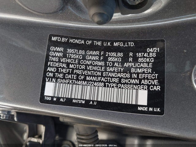Aukcja sprzedaży 2021 Honda Civic Sport, vin: SHHFK7H46MU224688, numer aukcji: 46020910